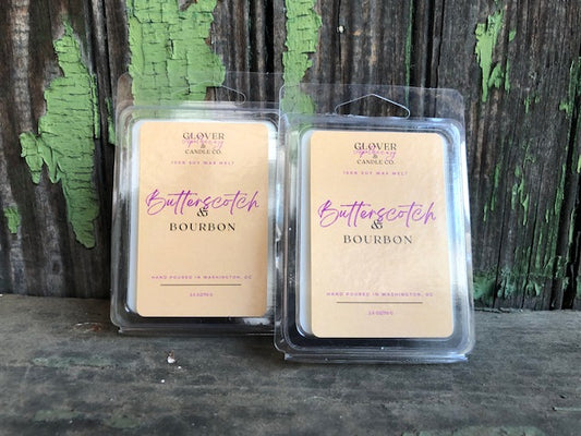 This sticky, sweet fragrance is a combination of peppercorn, butterscotch, cardamom, brown sugar, bourbon, oak and patchouli. All of our wax melts are made with 100% soy wax. 