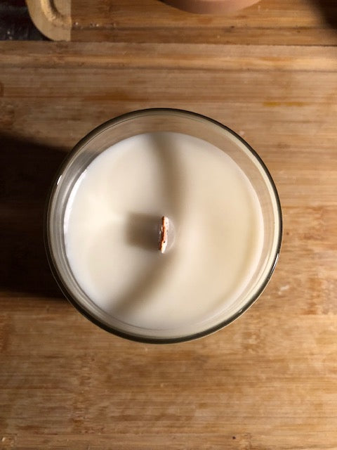 All of our 9oz candles are made with soy wax and a wooden wick. 